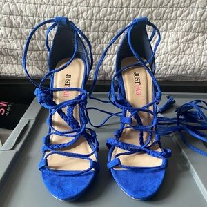JUSTFAB royal blue strap oh ankle wrap with braid accent heels. US 6